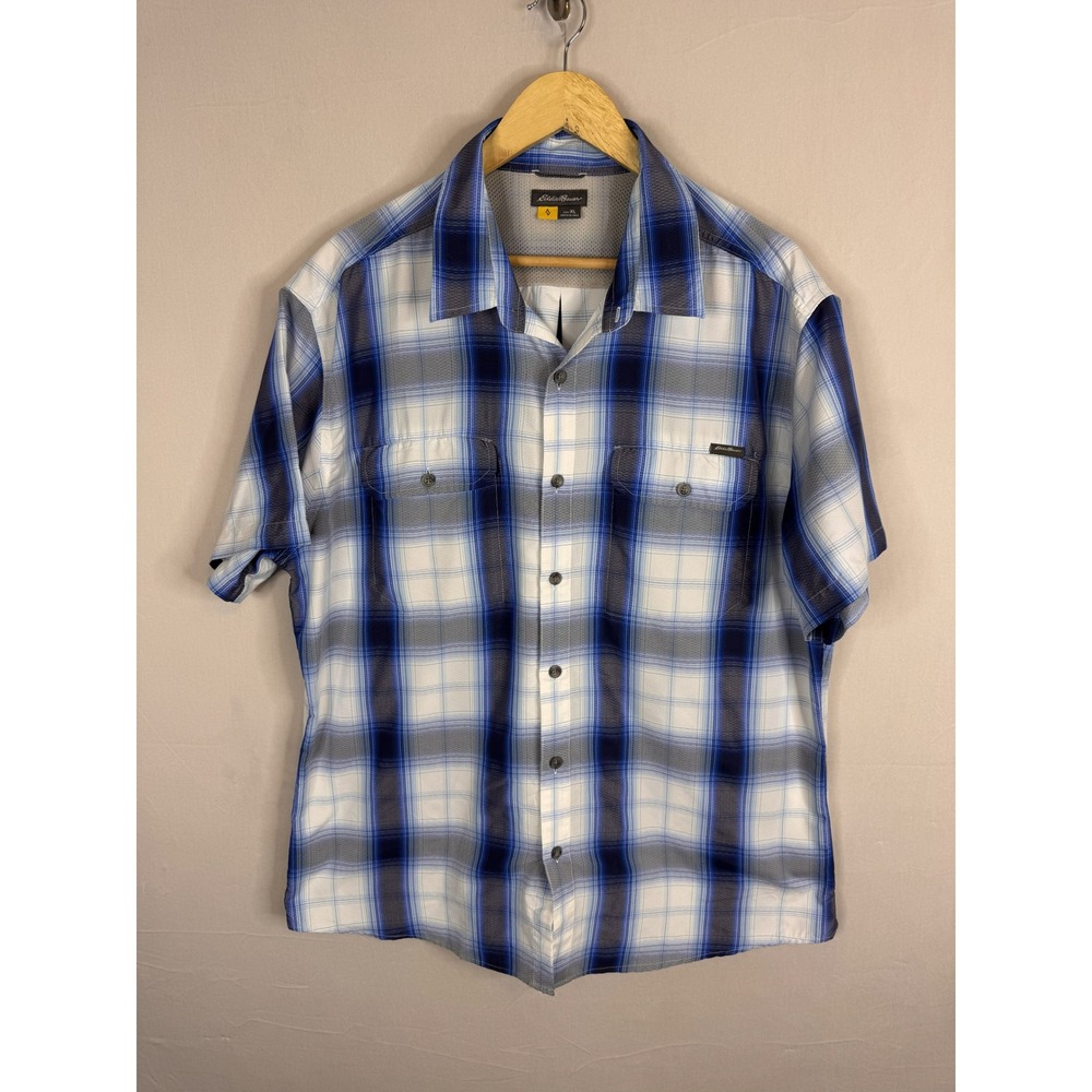 Eddie Bauer Mens XL Blue Plaid Short Sleeve Button Down Shirt Mesh Back 11921750